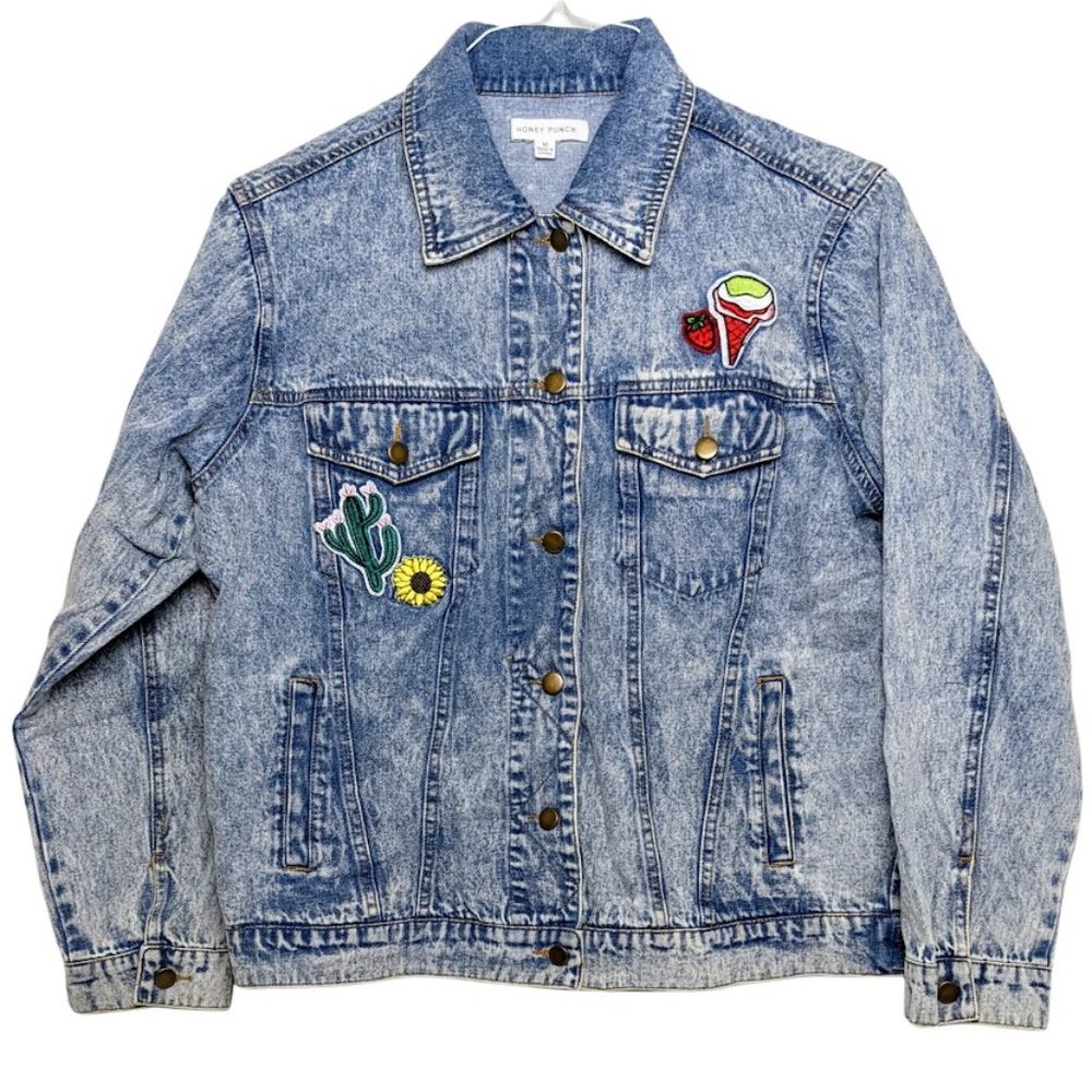 Honey Punch Denim Jacket Womens Size M Good Vibes Only Patch Jean New